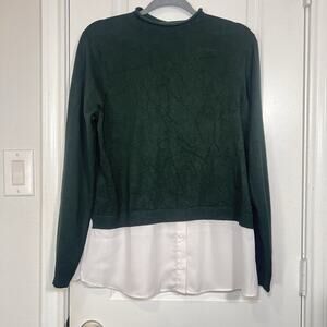 Adrianna Papell Twofer Sweater Faux Blouse Size L Green White Mock Neck Preppy
